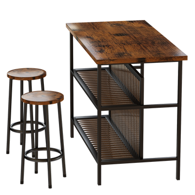 Counter Height Bar Table Set, Seizeen 3 Piece Dining Table Set with 2 Stools and 2-tier Shelves, Kitchen Island Breakfast Table Set with Wood Top, Pub Dinette Set for Small Spaces, Brown, A08