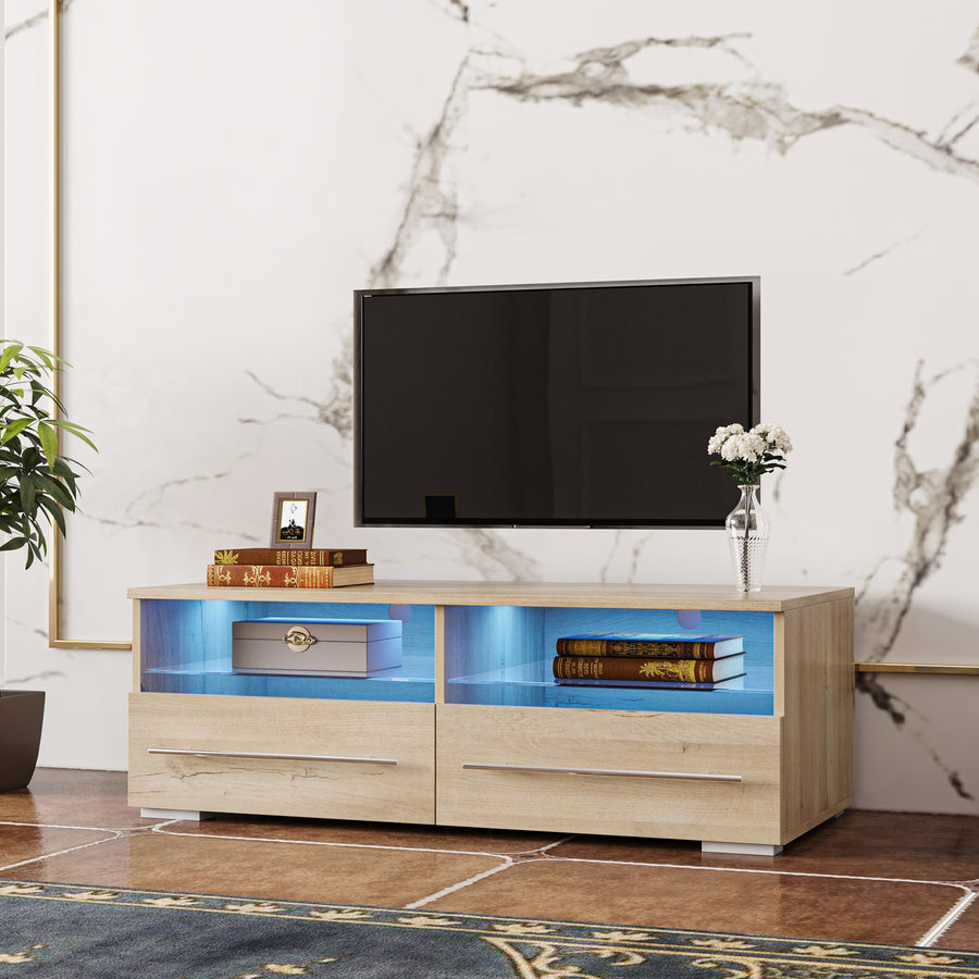 Seizeen TV Stand with LED Lights, Wood TV Cabinet with Large Storage for 45inch TV, Modern LED TV Stand Entertainment Center for Living Room Game Room, Rustic Oak