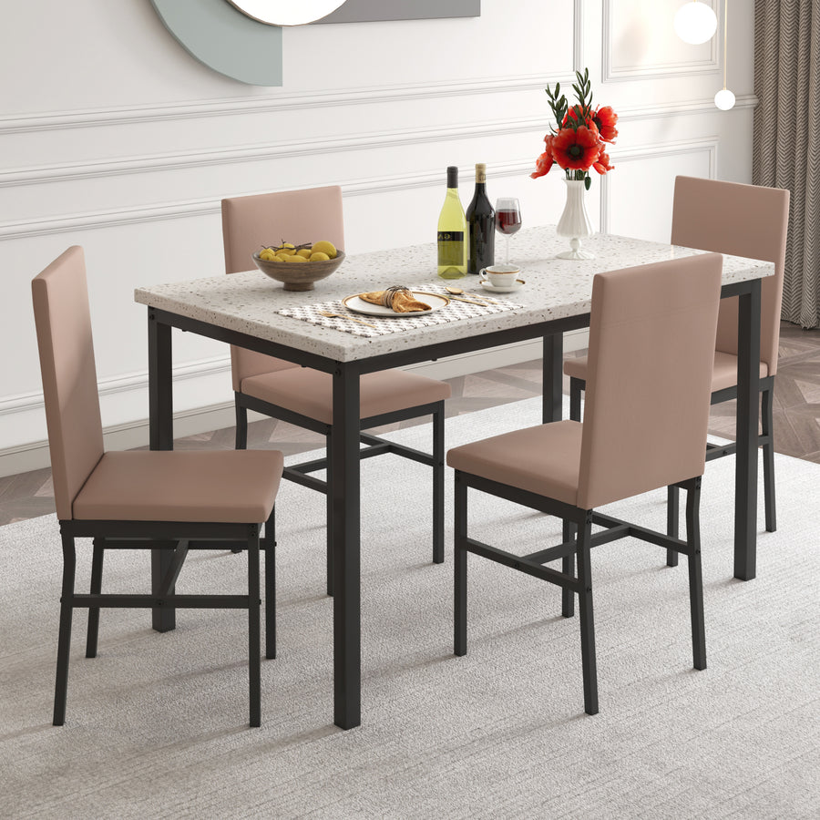 5 Piece Dining Table Set for 4, Seizeen Kitchen Table Set with Chairs, Marble Top Table & Leather Chairs, Perfect for Dining Room,Kitchen, Breakfast Corner Small Spaces, Khaki Color