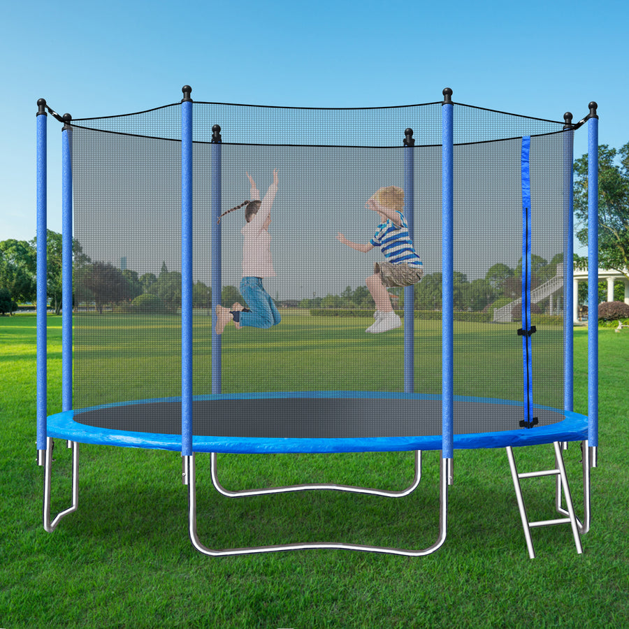 Seizeen Kids Trampoline - 10FT All-Weather Trampoline W/ Thickened Enclosure Net and Spring Pad, Outdoor Round Trampolines with Steel Support, Ladder, High Protective Tube, Blue