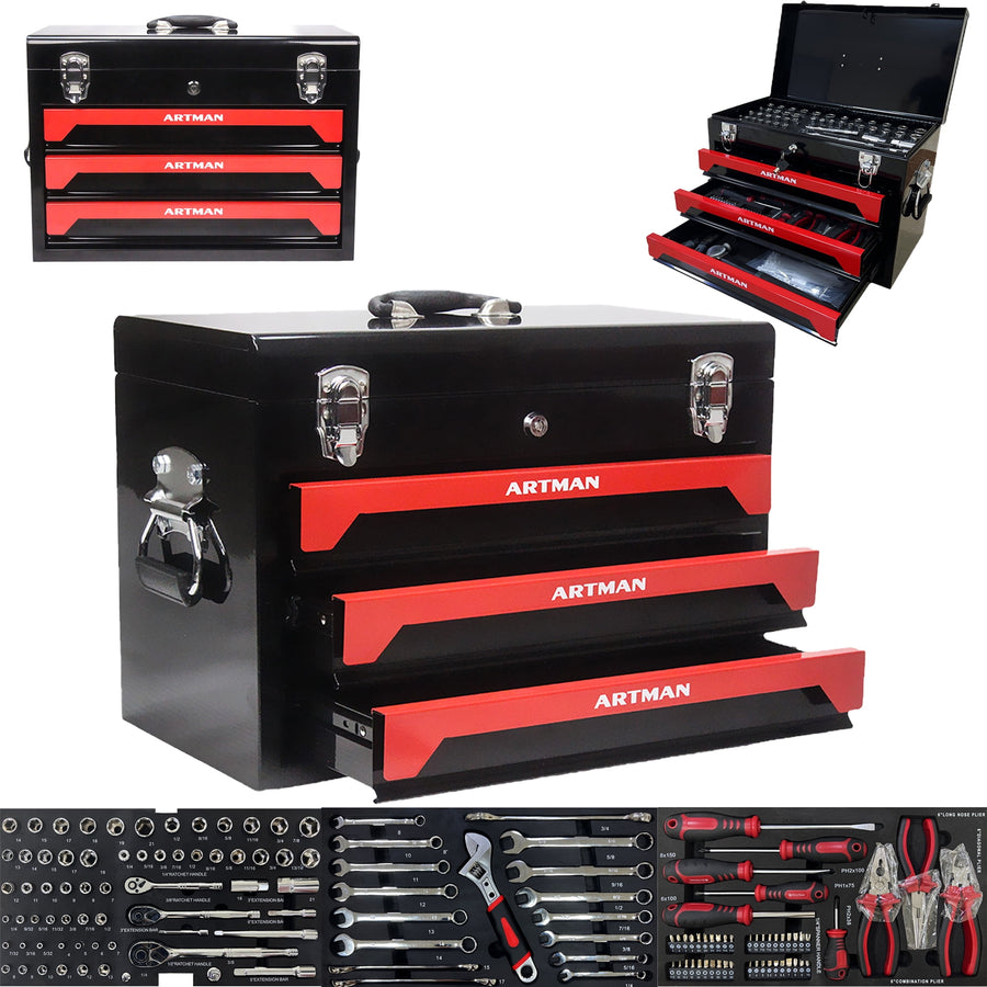 Mechanic Tool Set - Seizeen Heavy Duty Tool Box Set with 339Pcs Tools, 3-Drawer Universal Professional Tool Kit with Sockets, Ratchet Handle, Wrenches, Pliers, Hammer, Screw Driver