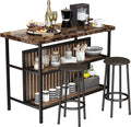 Seizeen 3 Piece Kitchen Island Set, Counter Height Bar Table Set with Wood Top, Breakfast Dining Table Set with 2 Stools and 2-Tier Shelves, Pub Dinette Set for Small Spaces, Brown, L0330