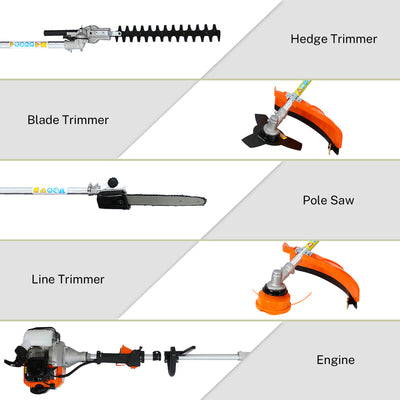 Seizeen String Trimmer Gas Powered, 33CC 2-Cycle Weed Eater Set, Multi-Functional Grass Weed Wacker, Pole Hedge Trimmer, 11000RPM/1.6KW Powerful Pole Saw & Brush Cutter, Orange