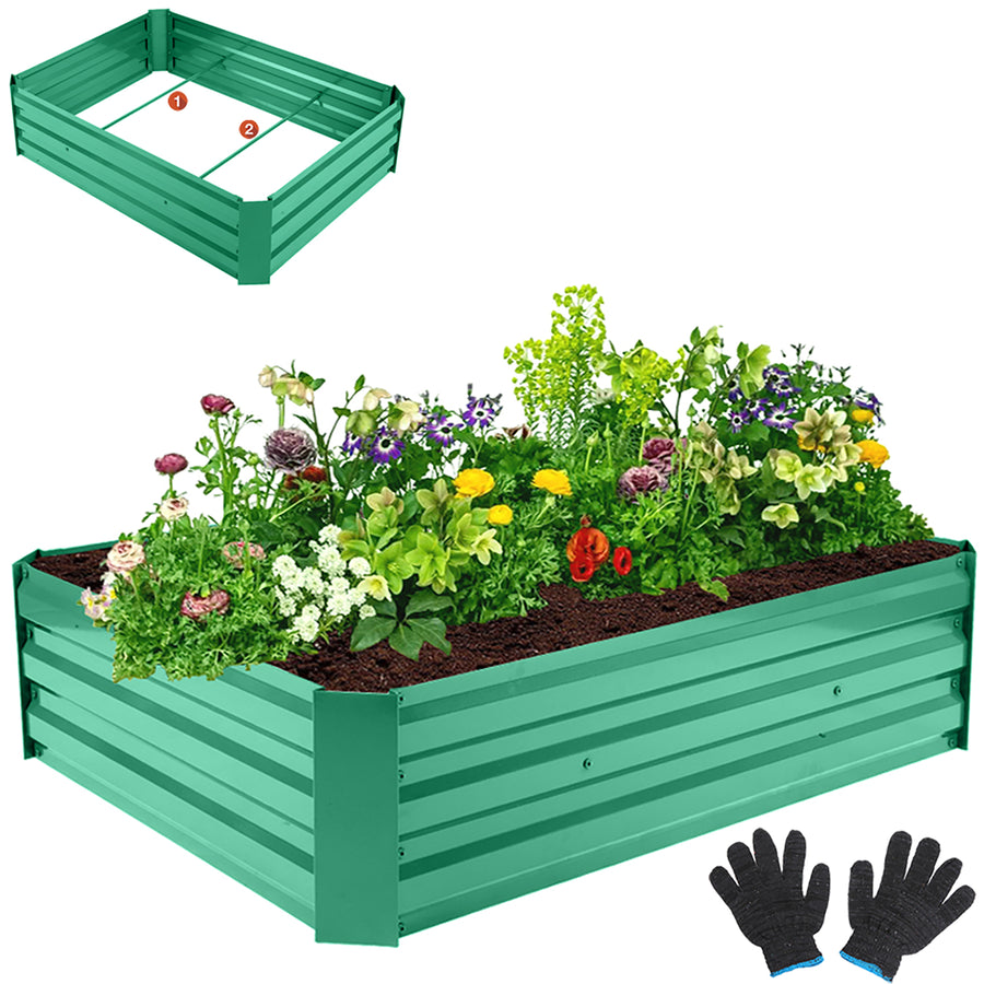 Upgrade Raised Garden Bed, Seizeen Galvanized Steel Planter Box with Gloves & Added Support Rods, 4 x 3FT Green Raised Planting Box Container for Vegetables Flower Herb