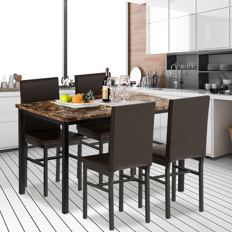 Kitchen Dining Table Set, 5-Piece Dining Table and Chairs, Metal Frame Dining Room Set with Marble Table and Leather Chairs for 4, Coffee