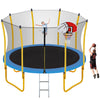 12FT Kids Adults Trampoline W/Hoop - Heavy-Duty Trampoline with Enclosure Net and Spring Pad, Large All-Weather Trampolines for Outdoor Lawn Garden Yard, Yellow