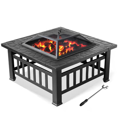 Metal Fire Pit for Outside, 32'' Stone Finish Fire Pit Table, Wood Burning Outdoor Firepit with Fire Bowl, Mesh Screen Lid, Poker