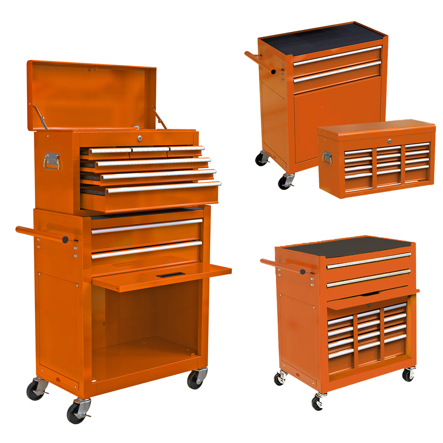 Rolling Tool Chest with 8 Drawers, 2-IN-1 Hidden Multifunctional Toolbox Set, Tool Organizer Box On Wheels Storage Cabinet Lockable W/Sliding Drawers Handle Hook, Large Capacity Box for Tool, Orange