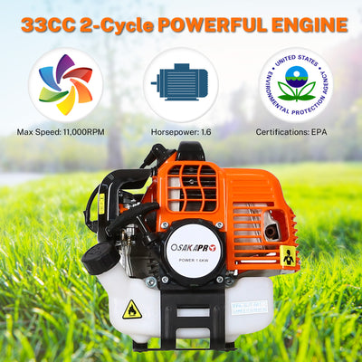 Seizeen String Trimmer Gas Powered, 33CC 2-Cycle Weed Eater Set, Multi-Functional Grass Weed Wacker, Pole Hedge Trimmer, 11000RPM/1.6KW Powerful Pole Saw & Brush Cutter, Orange