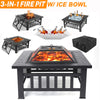 Outdoor Fire Pit Set, Multifunctional Metal Fire Pit Table Wood Burning for Grill & Ice Bar, 32" Square Fireplace with Lid Poker Grill Net Waterproof Cover Ice Bucket for Patio Deck Yard