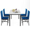 Kitchen Dining Table Set, 5-Piece Dining Table and Chairs, Metal Frame Dining Room Set with White Marble Table and Blue Velvet Chairs for 4