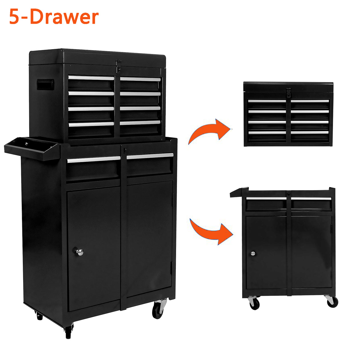Rolling Tool Chest with 5 Drawers, 2-IN-1 Hidden Multifunctional Toolb ...
