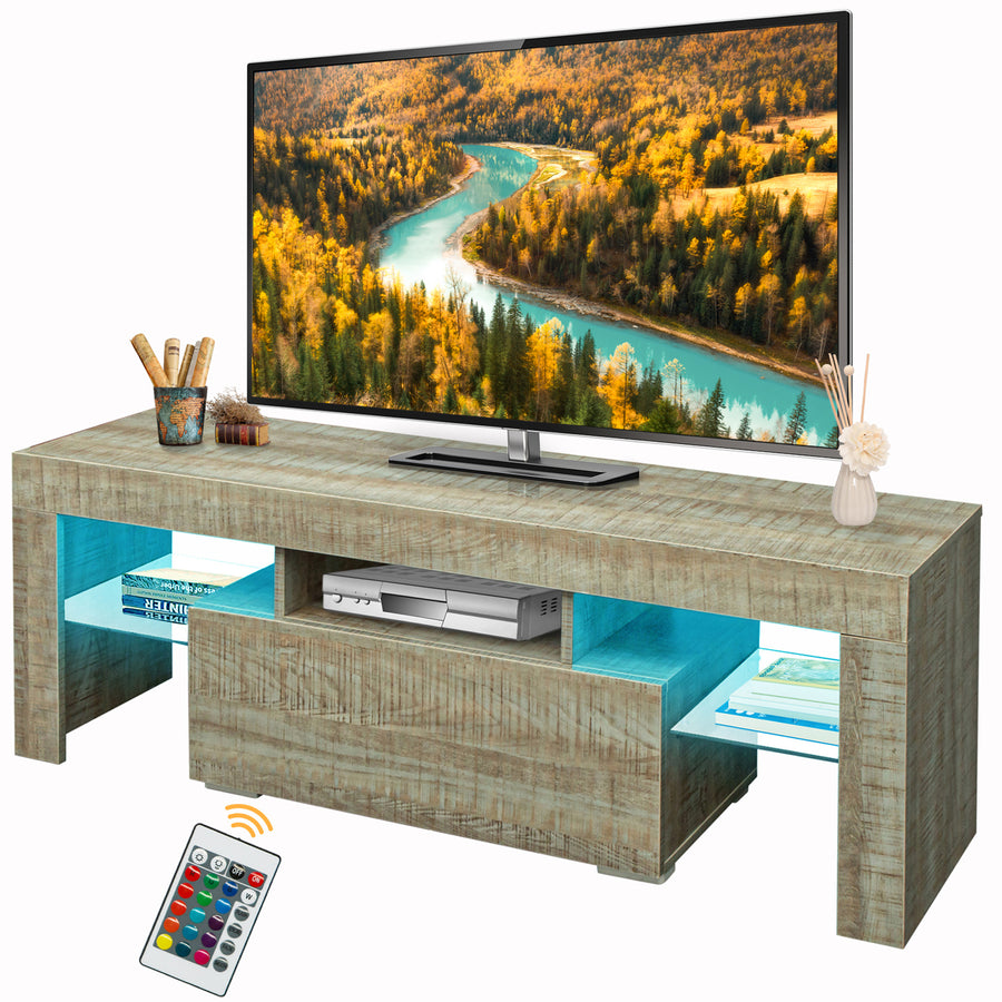 Farmhouse TV Stand 51''L, Seizeen Media TV Console with LED RGB Lights, Gray Oak TV Cabinet with Storage Shelves & Drawer, Entertainment Center for 55 inch TV