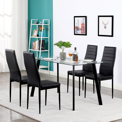 Dining Table Set for 4, Seizeen 5 Pieces Dining Room Set, Glass Dining Table with Leather Chairs, Small Space Breakfast Nook Set Bar Table for Kitchen, Black