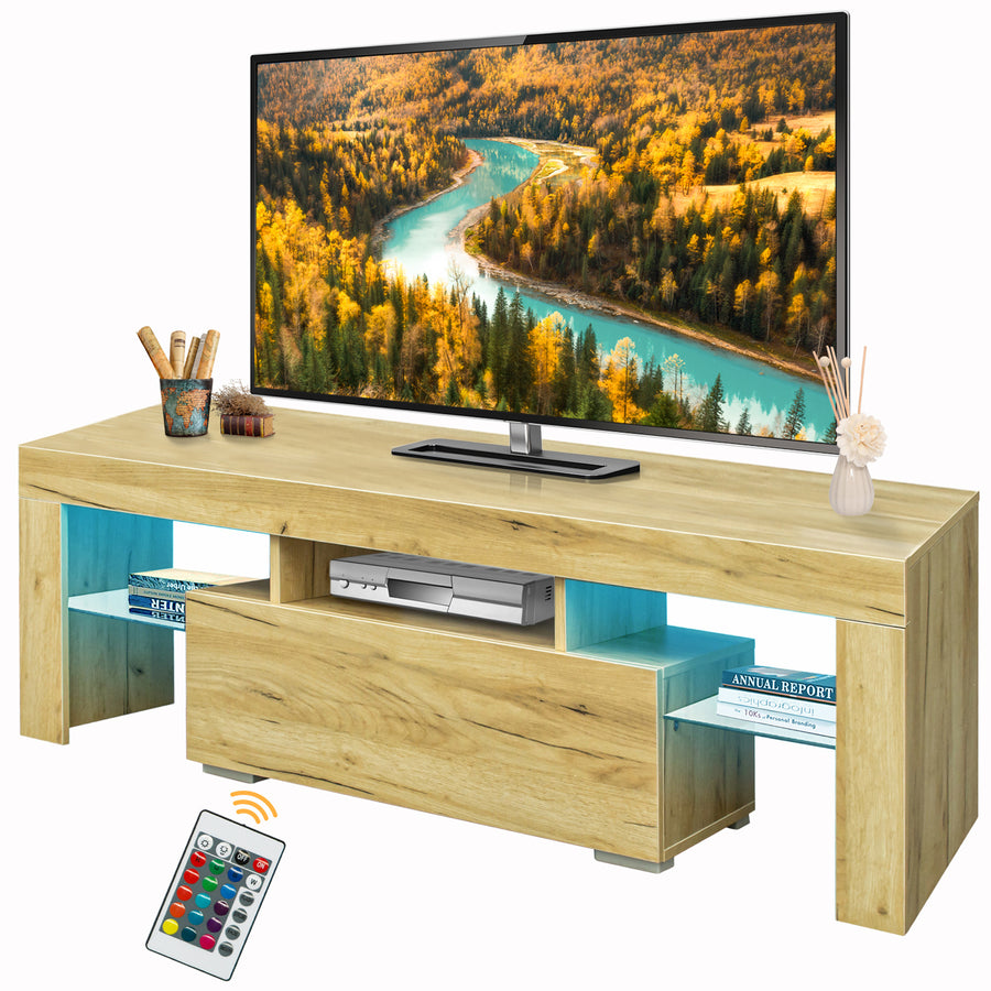 Seizeen TV Stand for 55 Inch TV, Media Console & Entertainment Center with LED Lights, Oak Color