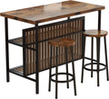 3 Piece Kitchen Island Set, Counter Height Bar Table Set with Wood Top, Breakfast Dining Table Set with 2 Stools and 2-Tier Shelves, Pub Dinette Set for Small Spaces, Brown, L0329