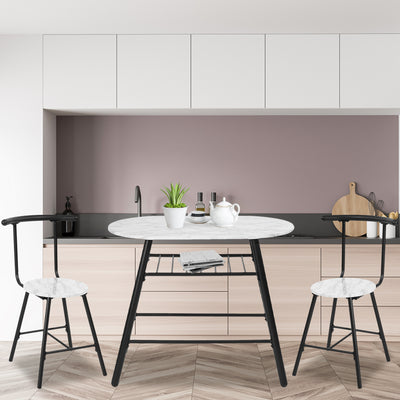 3 Pieces Dining Set Table, Marble Metal Breakfast Table Set For 2 Seats, White Bistro Set With With Storage Rack, Dining Table & Chair Set For Home Kitchen Small Space