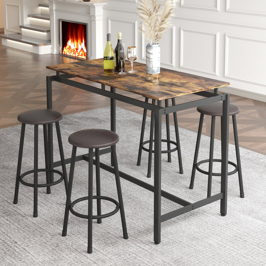 Dinner Table Set for 4, Sample Design Counter Height Dining Set 5pcs, Fire Wood High Top Dining Room Kitchen Table Set, Small Bar Pub Set with 1 Metal Farm Table and 4 Leather Cushioned Stools, Round