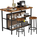 Seizeen 3 Piece Kitchen Island Set, Counter Height Bar Table Set with Wood Top, Breakfast Dining Table Set with 2 Stools and 2-Tier Shelves, Pub Dinette Set for Small Spaces, Brown, L0330