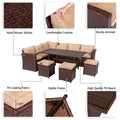 Eight-Piece Set Outdoor Rattan Dining Table And Chair Brown Wood Grain Rattan