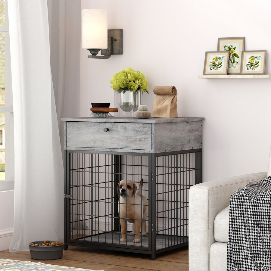 Dog Crate Furniture, Dog Kennel for Inside with Drawer, 2-In-1 End Table & Dog Cage, Metal Dog Kennel Furniture Chew-Proof, 20’’L, Gray